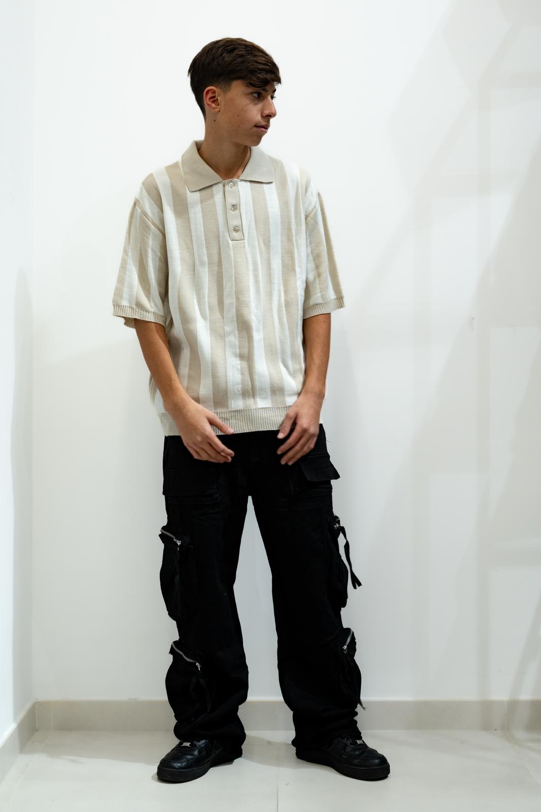 Polo in cotone a righe beige/bianco con costine