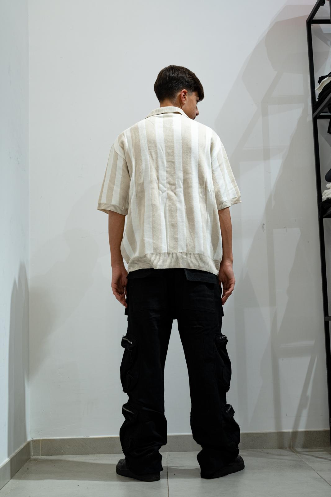 Polo in cotone a righe beige/bianco con costine