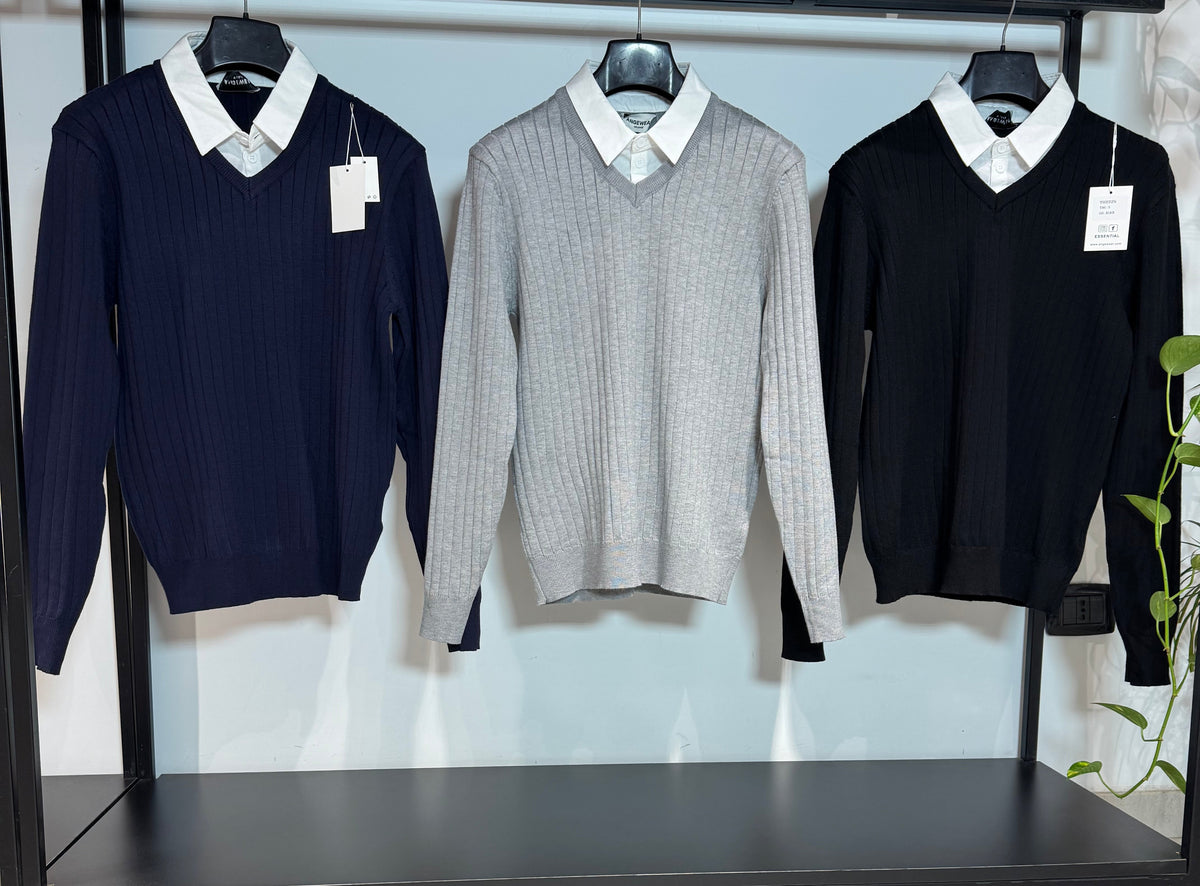 Maglione colletto a camicia a coste con scollo a V